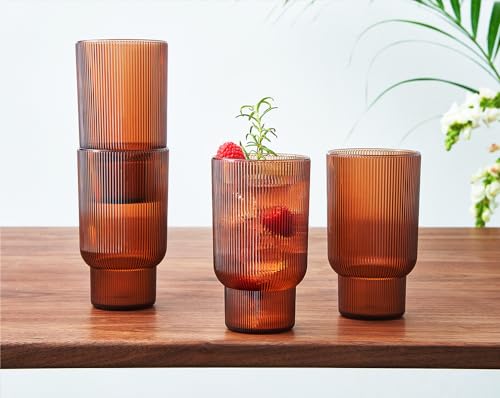 Shatterproof Acrylic Tall Drinking Glasses Set, European Style, Dishwasher Safe, Ribbed | Set of 4 | Fluted Tritan, Unbreakable BPA-free Plastic, Reusable Stackable Glassware 14.5oz - Burnt Orange