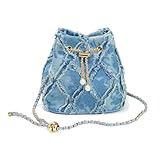 Small Denim Bucket Bag for Women, Quilted Jean Drawstring Purse with adjustable & detachable Strap,Stylish Shoulder Handbag