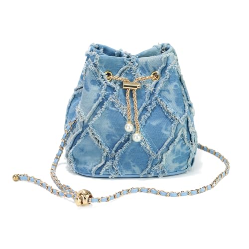 Small Denim Bucket Bag for Women, Quilted Jean Drawstring Purse with adjustable & detachable Strap,Stylish Shoulder Handbag