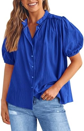 PRETTYGARDEN Women's 2026 Summer Button Down Shirts Short Lantern Sleeve V Neck Cotton Cute Tops Dressy Casual Blouses