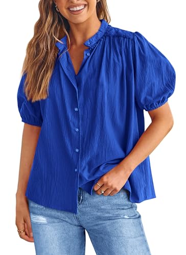 PRETTYGARDEN Women's Summer Button Down Shirts Short Lantern Sleeve V Neck Cotton Cute Dressy Casual Ladies Tops Blouses (Royal Blue,Large)