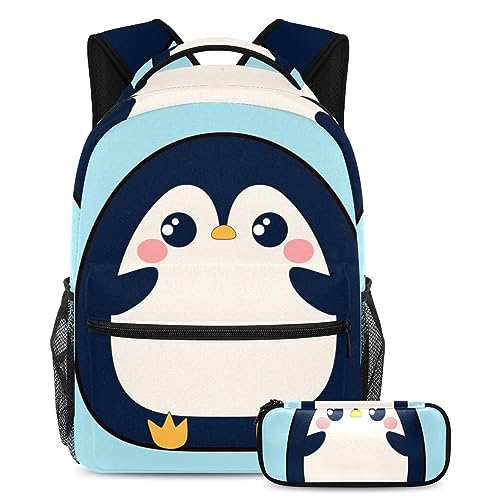 Sac à dos pingouin plat avec trousse scolaire pour enfants et adolescents