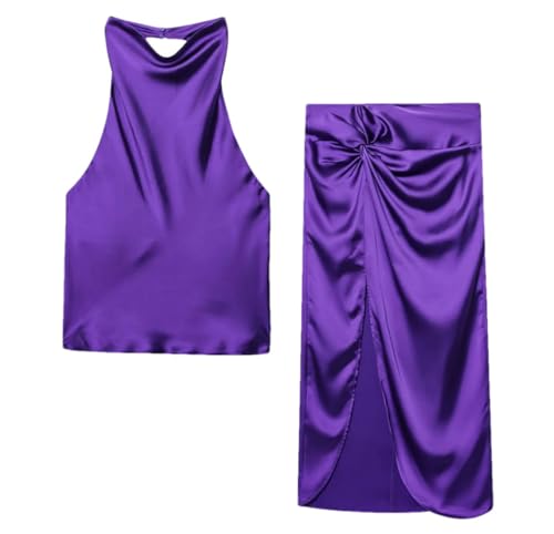 Ensemble en soie femme deux pièces avec haut dos nu à nœud et jupe midi chic