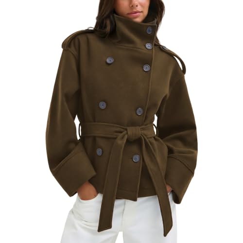 Hixiaohe Belted Cropped Pea Coats for Women Fall Winter Funnel Neck Jacket | Warm Long Sleeve Jackets, High Neck, Double Breasted Short Peacoat, Casual Loose Overcoat, Wool-Like Trench Coat Outerwear