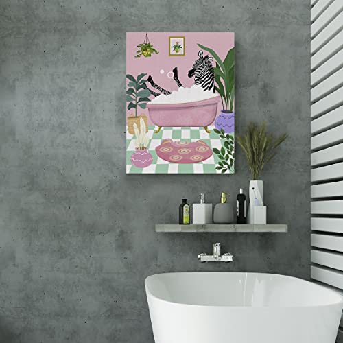 Zebra Pink Bath Plants Canvas Poster Painting Bathroom Wall Art, Zebra Picture Artwork Framed Print Ready To Hang For Home Wall Decor 12 X 15 Inch #TOP4
