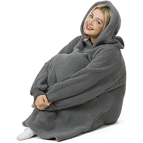 Winthome Oversized Sherpa Blanket Hoodie, Warm and Cozy Wearable Hooded Sweatshirt Blanket for Adult Men Women Teens Boys Girls (Grey, L/Hoodie Length 106CM) Cover