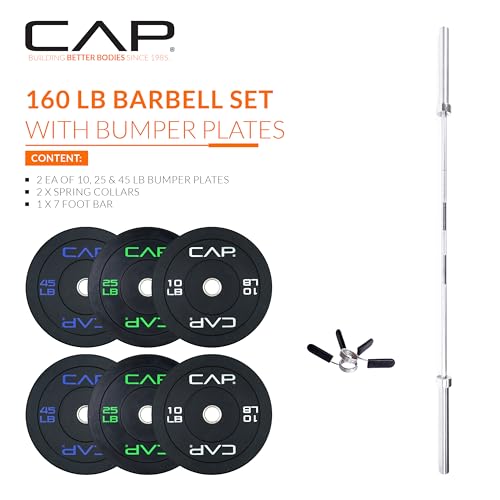 CAP Barbell 160 lb Economy Olympic Weight Set with 7ft Chrome Barbell & Black Bumper Plates with Color Logo