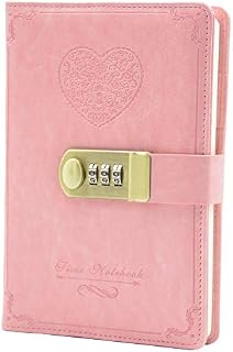 Lirener Retro Vintage PU Leather Password Lock Notebook(Heart Pattern), Secret Diary Journal Sketchbook Daily Planner Agenda Notepad with Combination Lock Pen Holder and Card Slots, 135x200mm