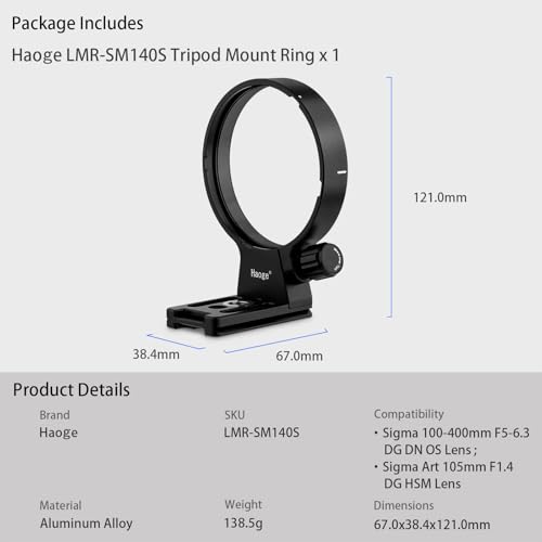 Anillo Adaptador Haoge LMR-SM140S para Lentes Sigma 100-400mm F5-6.3 DG DN OS y Art 105mm F1.4 DG HSM, Montura Arca-Swiss, para Sony E-Mount, L-Mount y Fuji X-Mount miniatura 6