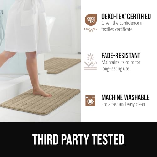 Image of GORILLA GRIP Memory Foam Bathroom Rugs, Soft Absorbent Textured Rubber Backing Striped Bath Mat, Machine Washable Quick Dry Cushioned Floor Mats, Shower Rugs Home Decor Accessories, Beige 24x16