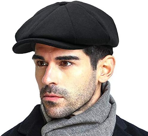 Men’s Vintage Newsboy Gatsby Hat Blend Wool Flat Ivy Cabbie Autumn Winter Cap Boyfriend Gift (L) Black