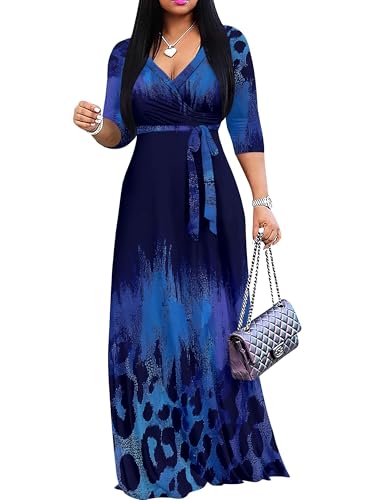 Image of PinkPatty Plus Size Maxi Dresses for Women Casual Flowy Long Dress 3 /4 Sleeve V Neck Wrap Dress with Belt