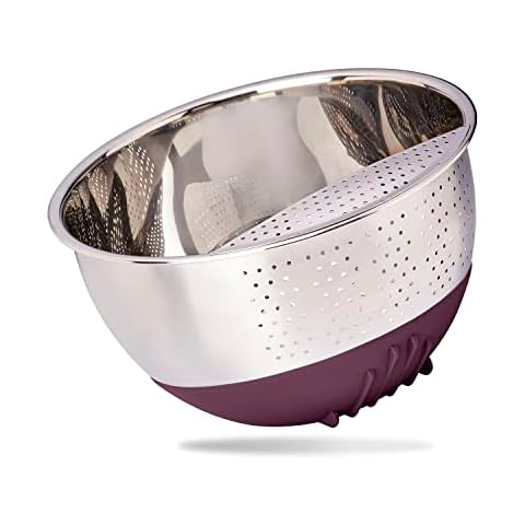 Reishunger Rice Washing Bowl Made of Stainless Steel (Aubergine) - Strainer for Washing Rice and Vegetables - with Non-Slip Silicone Base Cover