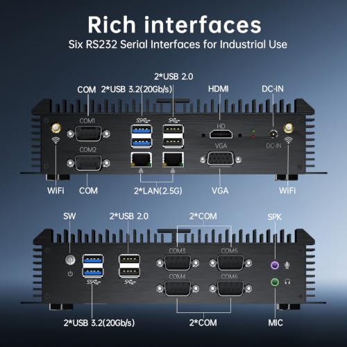 Image of msecore Fanless Industrial PC, Mini Computer with Core i7-8550U (1.8-4.0GHz), 16G RAM 256G SSD, 2 * 2.5G LAN, 6*COM RS232, WOL, Auto Power ON, Wi-Fi 6, 4K, 1*HDMI 1*VGA, Windows 11 Pro