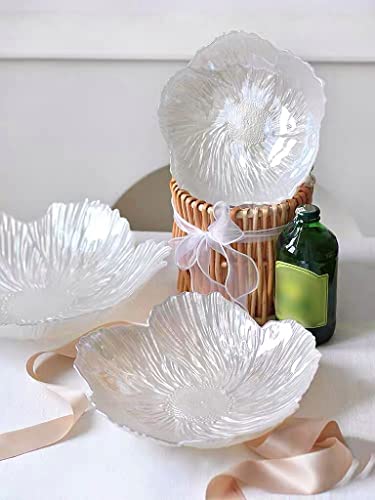 Pearl White Crystal Glass Fruit Bowl Set of 3, Table Centerpiece Fruit Plates for Dessert Candy Snack Bread Vegetables, Decorative Platter - Housewarming Wedding Birthday Gift (Whole Set(S&M&L))