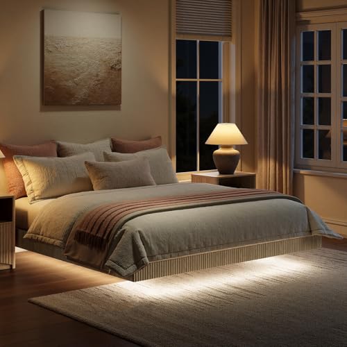 Image of Evermagin Oak King Floating Bed Frame with led Lights, Fluted 14In High Platform Bed No Headboard, Heavy Duty Mid Century Modern Float Metal Bedframe, No Box Spring Needed (Oak, King-14in high)