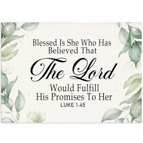 Blessed Is She Who Has Believed Luke 1:45 Christian Wall Hanging Banner,Bible Verse Linen Canvas Hanging Banners Flags Decor For Home Office Living Room Church Wall Decor
