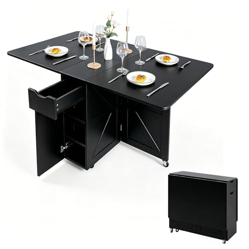 Image of Folding Dining Table with Drawer and Storage Shelves, 53 inch Space Saving Foldable Dining Table with 6 Wheels, Drop Leaf Table for Small Spaces