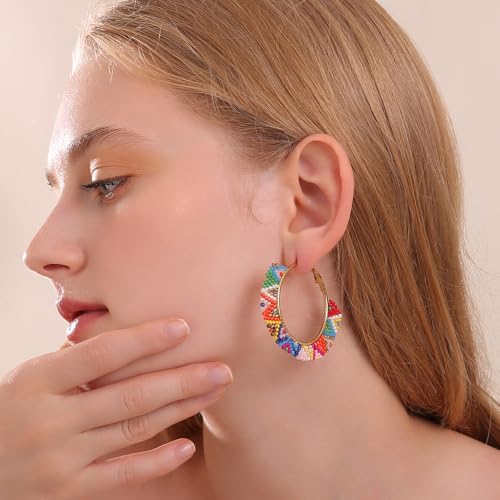 Boho Beaded Hoop Earrings, Handmade Colorful Beads Gold Hoop Earrings for Women Big Circle Bead Huggie Earrings3