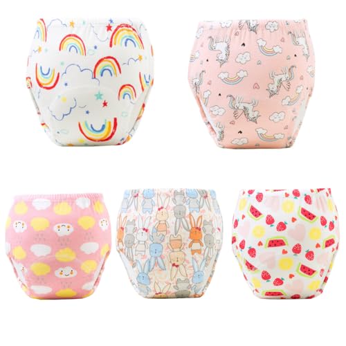 SKY-TOUCH 5PCS Baby Potty Training Pants Cotton Soft Breathable Potty Training Underwear for 1-3 Years Highly Absorbent Reusable Diapers for Baby Boys & Girls (M Girl 8-13kg)