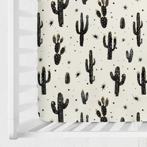 Image of Boho Cactus Baby Crib Sheet 52''x28'' Retro Black Golden Cactus Fitted Crib Mattress Cover Wild Cactus Soft Baby Sheet for Boy Girl Western Plants Nursery Bedding for Standard Crib Toddler Mattress