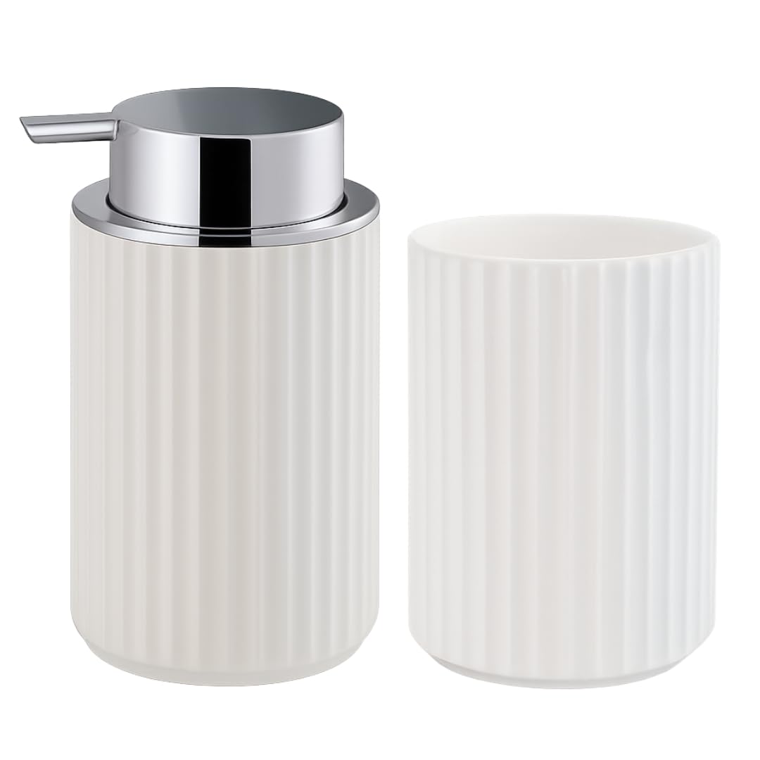 Juego dispensador jabon baño y Vaso, dispensador de jabón y portacepillos para baño Moderno 300ml, Accesorios Cocina y baño, jabón líquido y Gel Recargable, Botella de jabón (Blanco y Plateado)