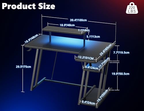 HOMIDEC Gaming Desk with LED Lights, 100CM Computer Desk with Monitor Stand, L Shaped Corner Desk with Headphone Hook and Shelves for Gaming Room, Bedroom, Office, Black - Image 4