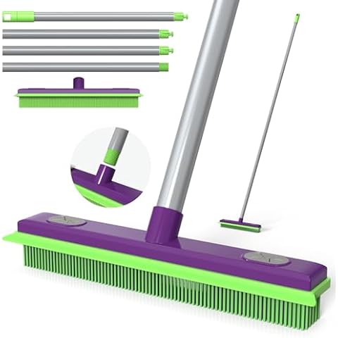 Rubber Broom Pet Hair Remover, Silicone Squeegee Brooms for Floor, Tile, Windows, Carpet Cleaning, 4-Section Pole up to 58 inches Cover