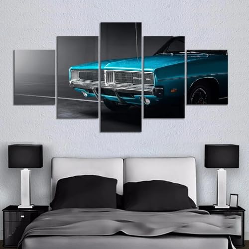 Voiture de sport vintage bleue cadre decoration murale premium en 5 parties
