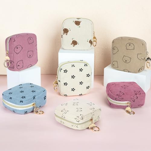 Image of Period Bag for Teen Girls, Corduroy Sanitary Napkin Storage Bag, Menstrual Pad Pouches Tampon Holder for Purse (Bears-Khaki)