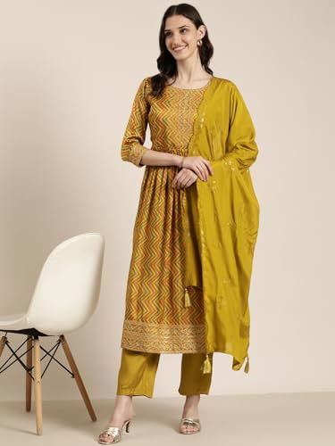 Image of SHOWOFFFF Women Printed Three-Piece A-Line Ethnic Kurta Set | Round Neck 3 /4th Sleeves Satin Kurta Set's for Womens | Mid-Rise Lime Regular Fit Calf Length Kurta Set for Women's