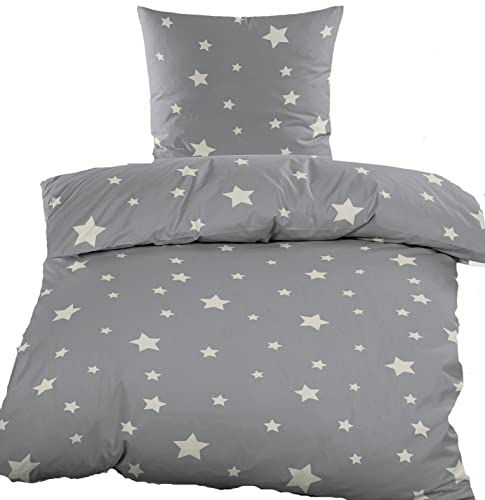 KH-Haushaltshandel Biber Winter Bettwäsche 135x200 + 80x80cm, grau, Sterne, Baumwoll Mischgewebe (40133)
