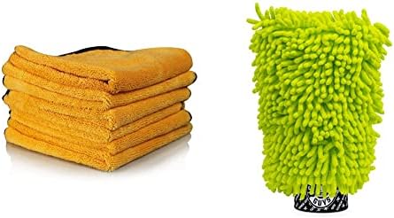 Chemical Guys MIC_507_06 Professional Grade Premium Microfiber Towel, Gold (16 in. x 24 in.) (Pack of 6) & MIC493 Chenille Premium Scratch-Free Microfiber Wash Mitt, Lime Green, 9.6” x 2.3” x 7”