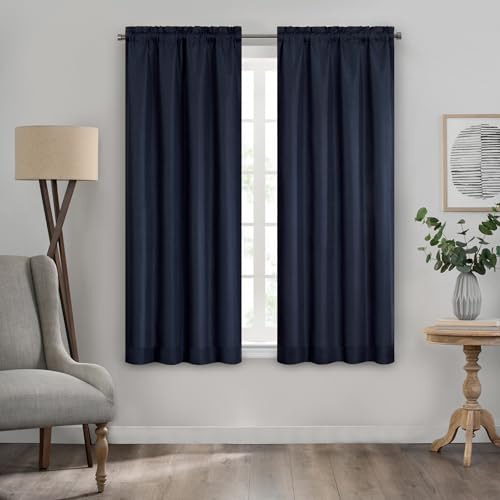 Eclipse Kendall Textured Blackout Thermal Rod Pocket Window Curtain Insulating & Noise Reducing Curtains for Bedroom or Living Room (1 Panel) 63 in Long x 42 in Wide Indigo