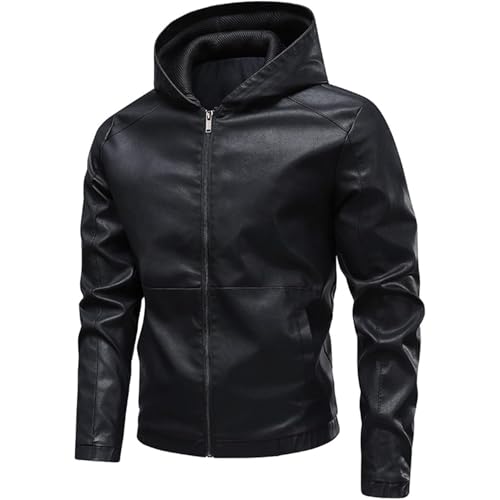 Chaqueta bomber de cuero con capucha para hombre, chaqueta de piel sintética con cremallera completa, chaqueta ligera para motocicleta, Negro, X-Small