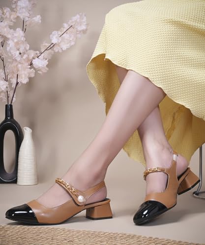 Image of JM LOOKS Women's Elegant Block Heel Slingback Pumps with Decorative Chain and Pearl Accent Detail Straps