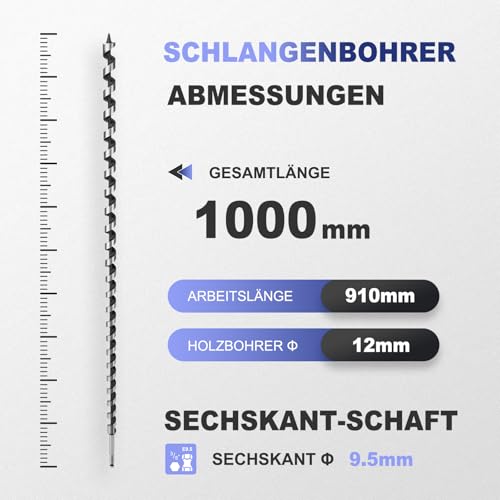 Schlangenbohrer 12mm x 1000mm Holzbohrer mit Selbstzentrierende Gewindespitze und 9.52mm Sechskantschaft für Holz