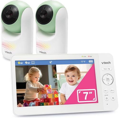 Image of VTech Baby Monitor No WiFi, 2 Cameras, 7 inch Split IPS Screen, 5000mAh 12Hr Battery, 360 Pan Tilt Zoom, Night Vision, Night Light| Advanced Max Twin Green
