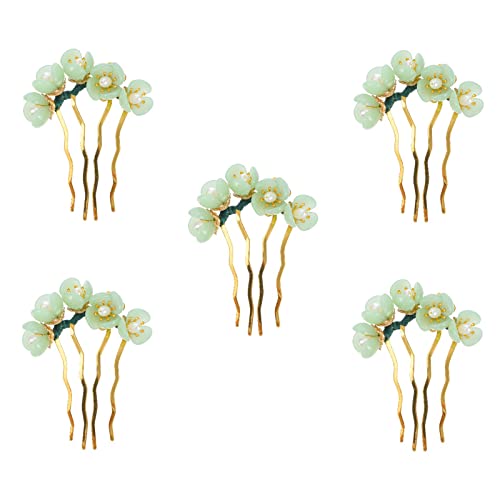 Beaupretty Jade Hairpin Set 5 Pieces Lotus Tassel Decorative Hair Pins for Women Girls Party Daily Use 3.14X2.48X2.95In Classic Retro Style