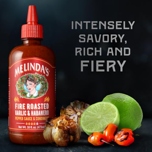 Image of Melinda's Fire Roasted Garlic & Habanero Hot Sauce - Made with Slow Roasted Garlic, Fresh Peppers, Lime Juice - Rich & Smoky Habanero Hot Sauce 16oz, 1 Pack
