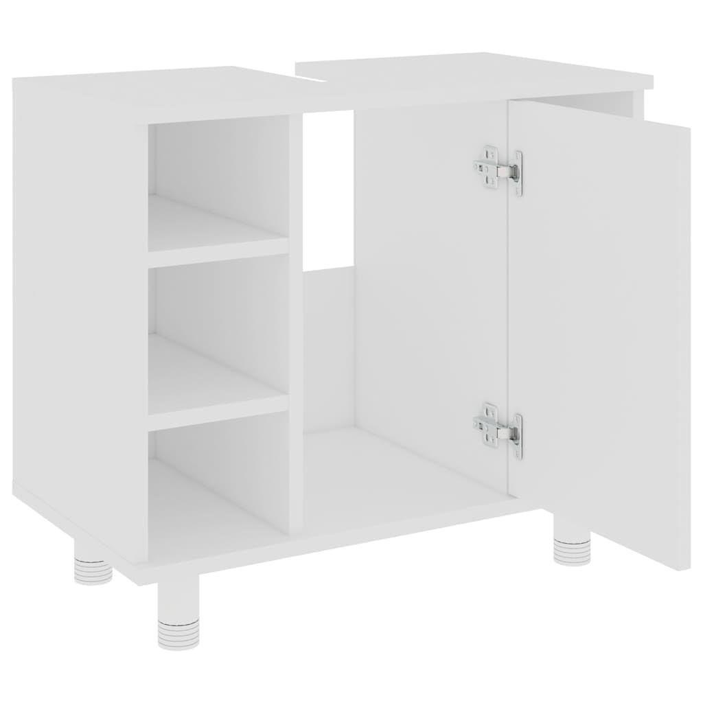 Armadietto da bagno bianco in legno 60 x 32 x 53,5 cm con 7 scomparti e porta, salvaspazio per set di mobili da bagno, per riporre e riporre oggetti nel WC degli ospiti o lavanderia