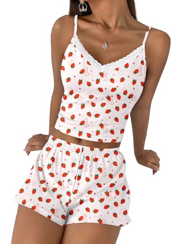 Image of Ekouaer Cami Pajama Sets Y2K 2 Piece Lace Crop Top and Shorts Sexy Pjs Summer Lingerie Sleepwear Nightwear for Women