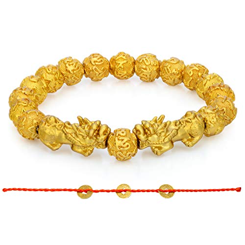 Prime Feng Shui Bracelet Prosperity Bling Golden Mantra Bead Bracelet with Double Pi Xiu Pi Yao Attract Wealth and Good Luck Best Gift(10mm)