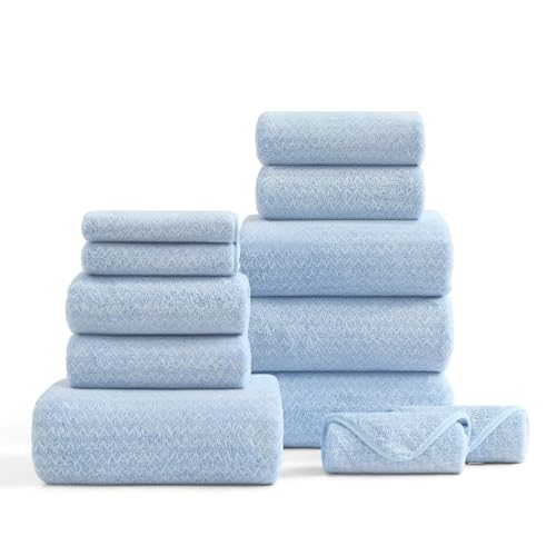 Ultra Soft Bath Towel Set 12 Piece (4 Bath Towels 4 Hand Towels 4 Washcloths) Family Bathroom Towels Set with Hanging Loop Quick Dry Extra Absorbent Shower Towel for Bathroom Hotel Spa-Light Blue