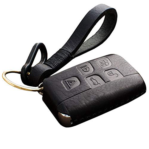 KMT Leather Key Fob Cover For Range Rover Evoque Velar Sport Discovery Freelander2 LR4 Land Rover Sport-Car Key Case Protector Holder Keychain Accessories(Black+Black Thread)