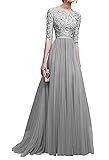 Minetom Damen Elegant Chiffon Lang Kleid Abendkleider Partykleider Festkleider Brautjungfer Cocktailkleid Grau DE 38