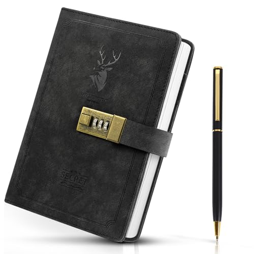 CeroDimo Vintage PU Leather Password-Protected Journal Secure Lock Diary for Men Women and Teens Black Secret Writing Notebook (240 Pages)