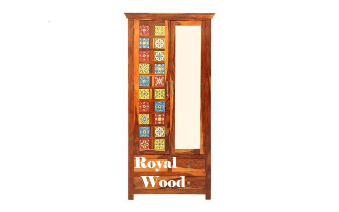 Royal Wood Solid Sheesham Wood 2 Door Designer Glass and Mirror Glass Finish Wardrobe with 3 Sheves Storage and 3 Drawers for Study Room Drawing Room, Library-image-25