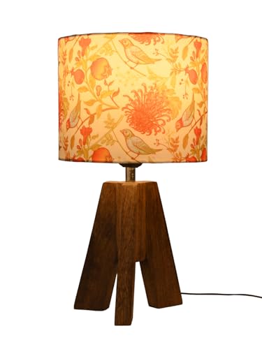 Image of Green Girgit Decorative Tri-Leg Stand Wooden Table Lamp with Brown Birdy Multicolor Shade Bedside & Reading Night Lamp for Bedroom, Living Room & Home Decor | Warm Ambient Light