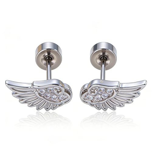 Goth Angle Wing Earrings Silver Stainless Steel Flat Back Earrings Hypoallergenic Women Studs Small Y2k Cute Trendy Jewelry 2PCS (Style 1)